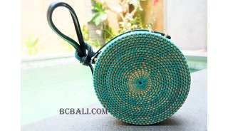 circle rattan bags long handle leather turquoise